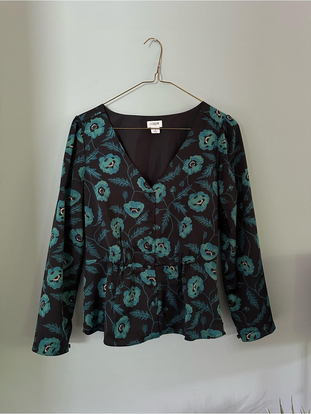 J. Crew Black Blouse with Teal Floral Peplum